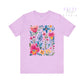 Lavender t-shirt with floral design on a white background