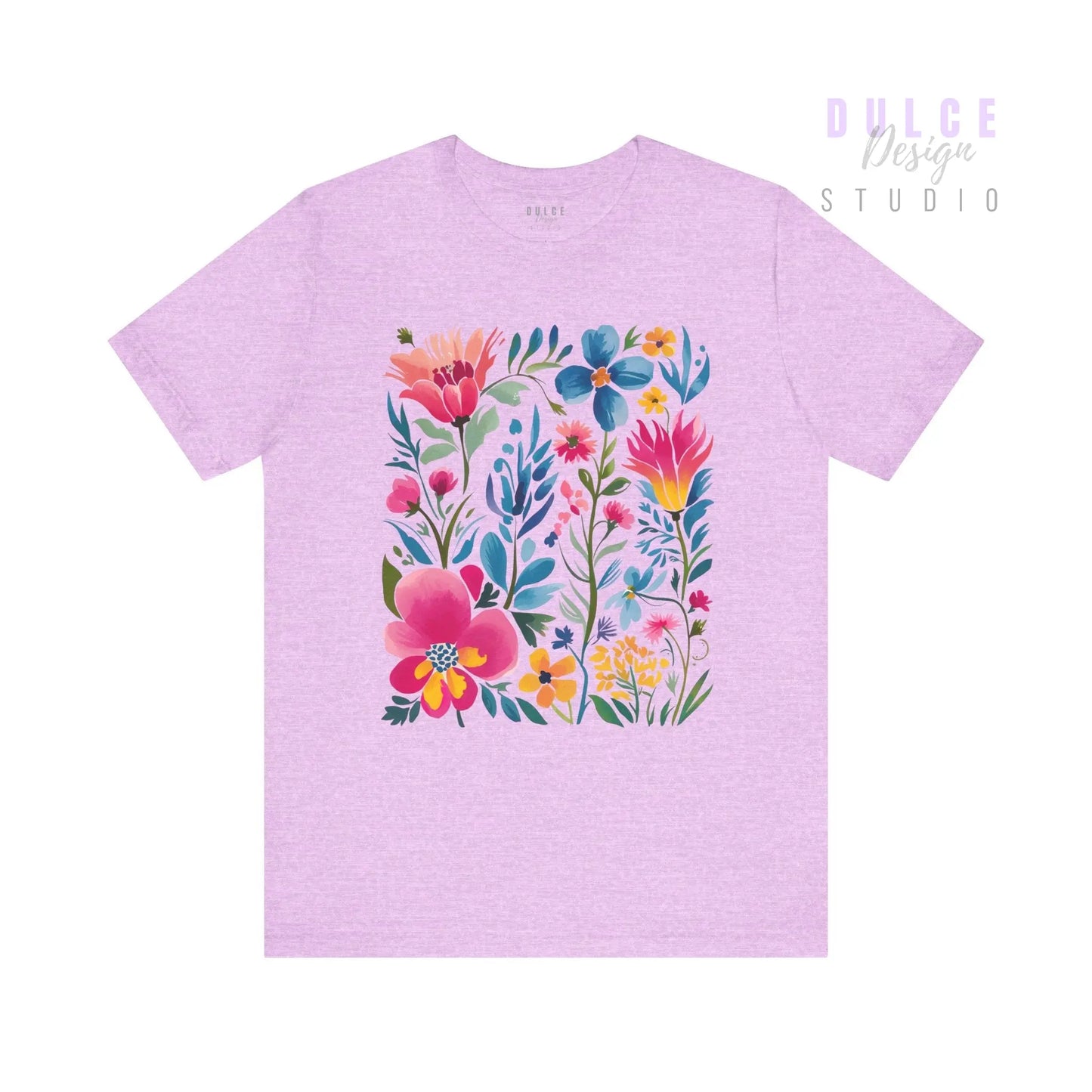Lavender t-shirt with floral design on a white background