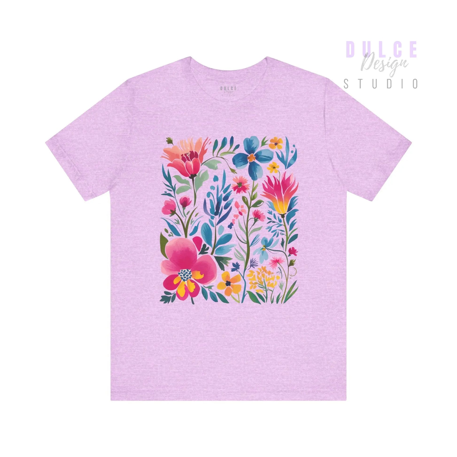 Lavender t-shirt with floral design on a white background
