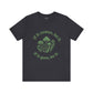 Black t-shirt with green graphic and text on a white background