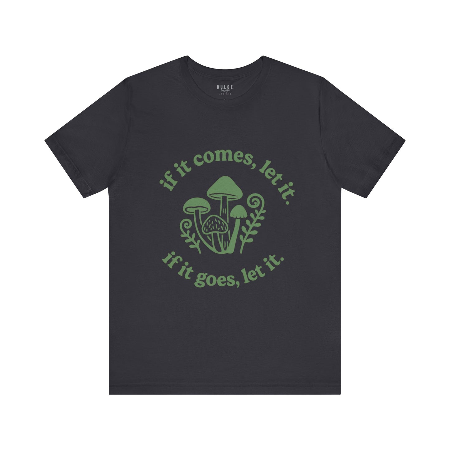 Black t-shirt with green graphic and text on a white background