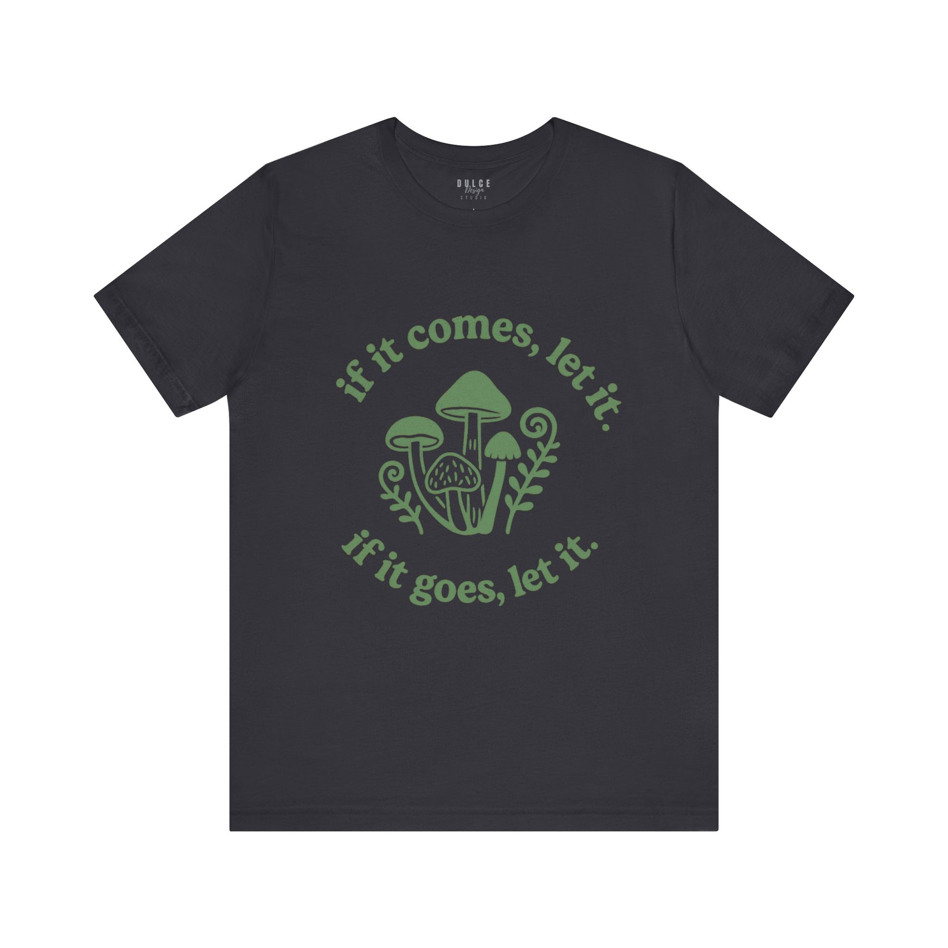 Black t-shirt with green graphic and text on a white background