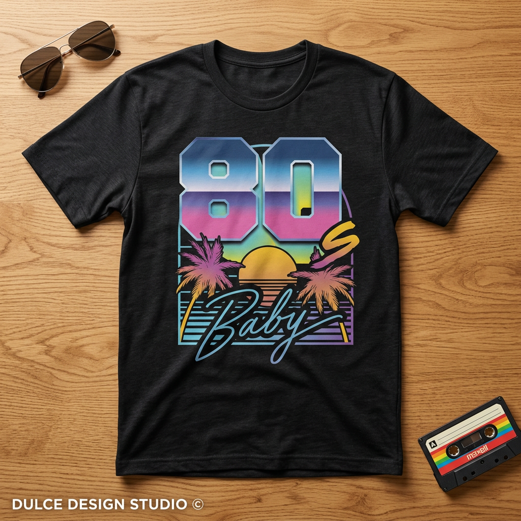 80s Baby design on a Black Heather T-shirt flat lay