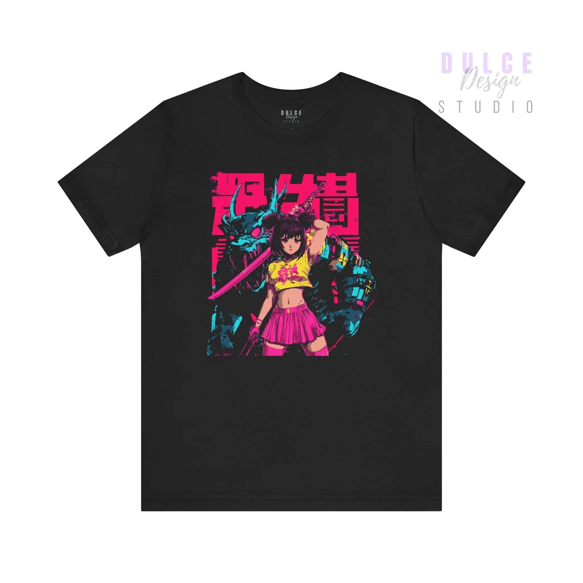 Neon anime girl t-shirt design featuring a sword-wielding warrior in pink with a robotic beast behind her, styled in cyberpunk colors on black tee