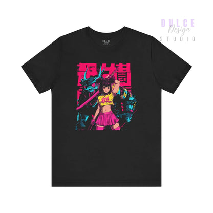 Neon anime girl t-shirt design featuring a sword-wielding warrior in pink with a robotic beast behind her, styled in cyberpunk colors on black tee