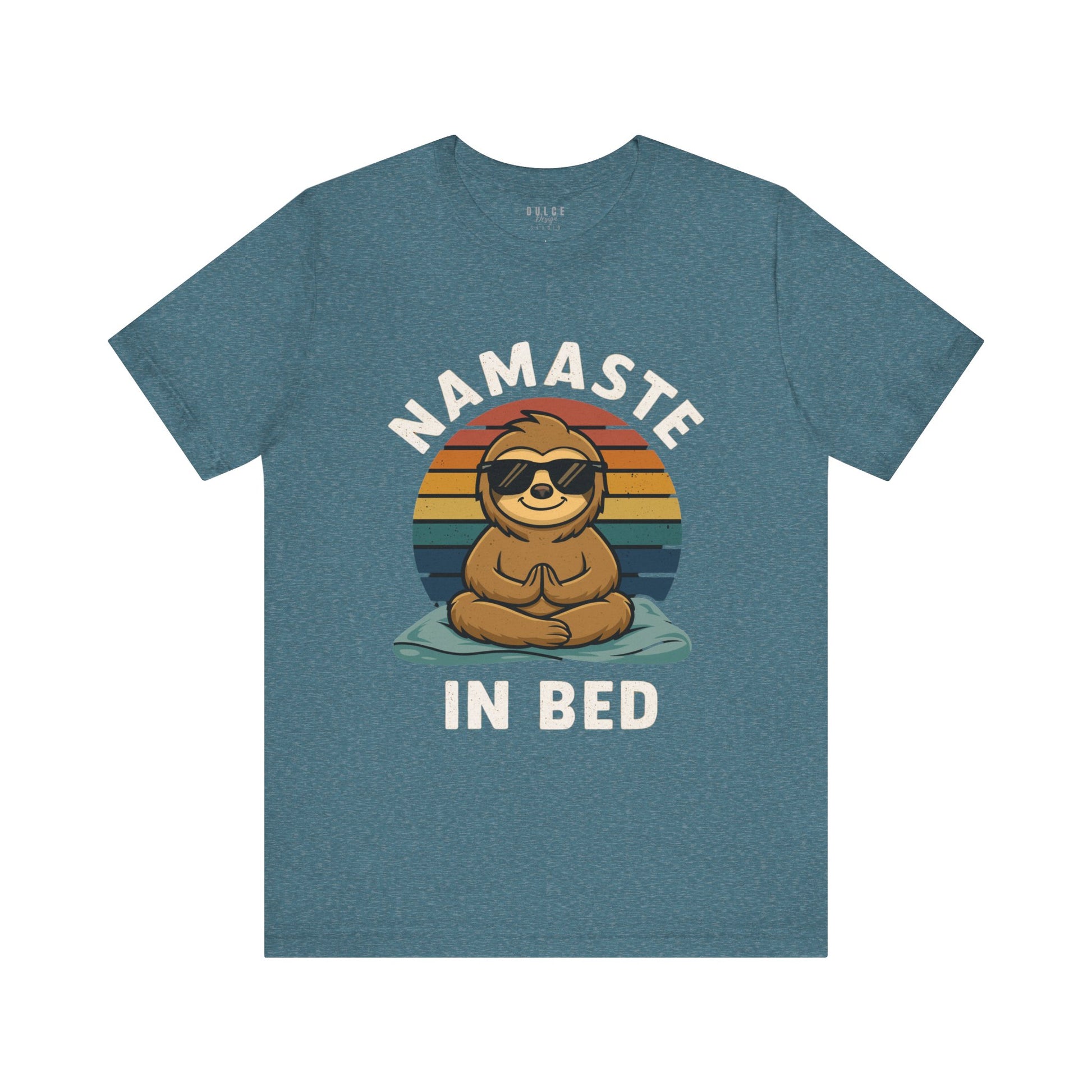 heather teal t-shirt with a sloth graphic and 'Namaste in Bed' text on a white background