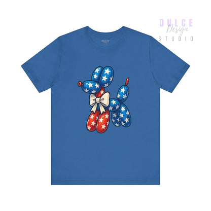 Blue t-shirt with a balloon dog design featuring stars and stripes on a white background