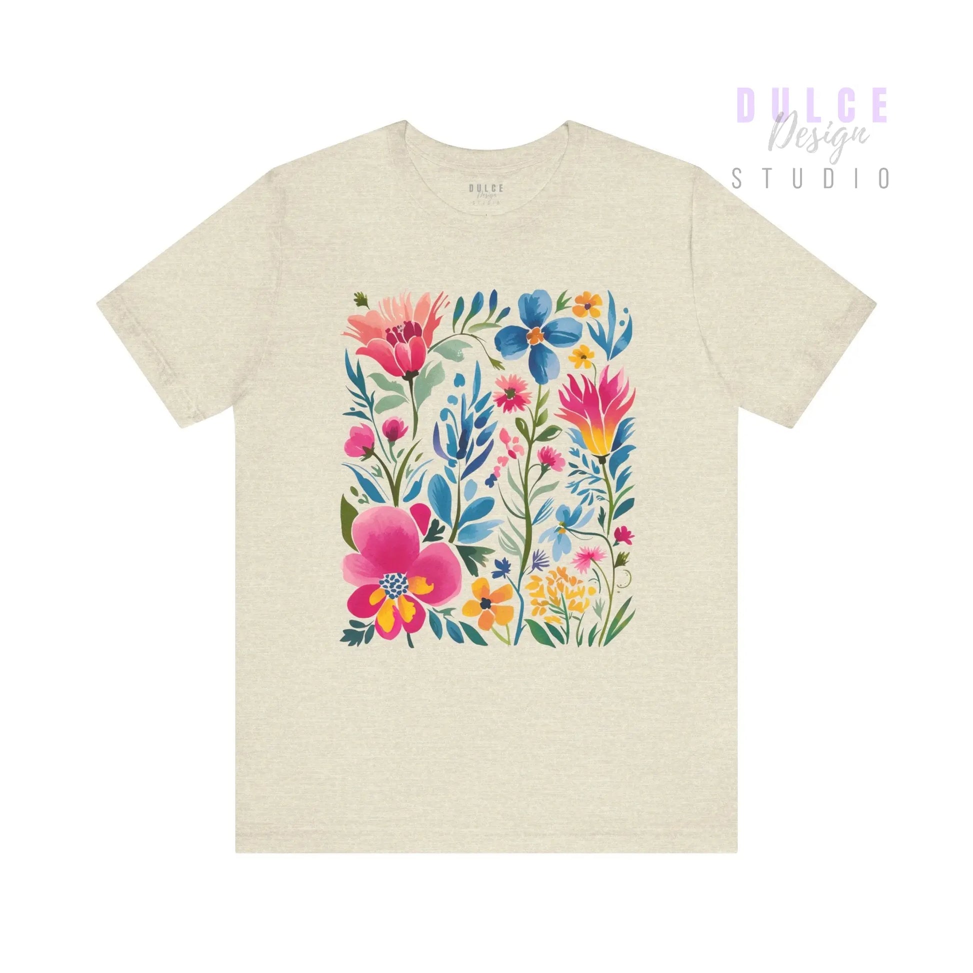 Beige t-shirt with colorful floral design on a white background