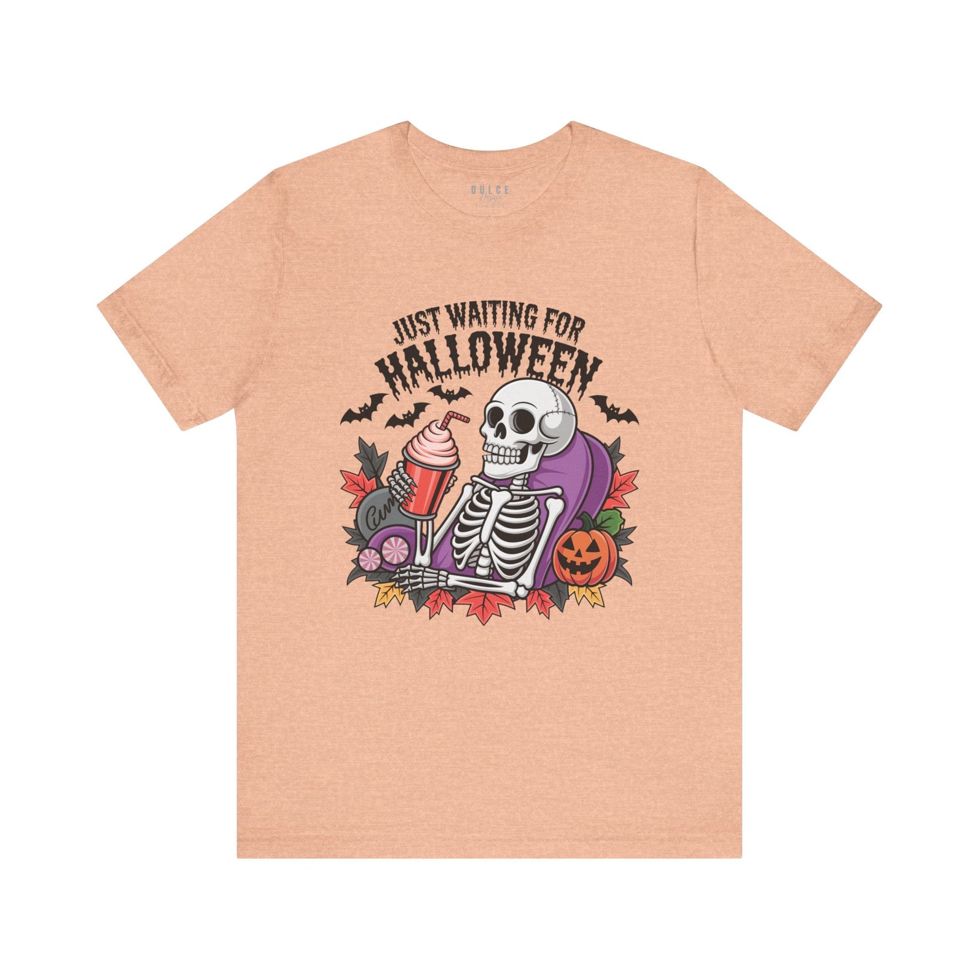 Just Waiting for Halloween – Funny Halloween Skeleton Shirt-  Heather Peach / 3XL- Dulce Design Studio