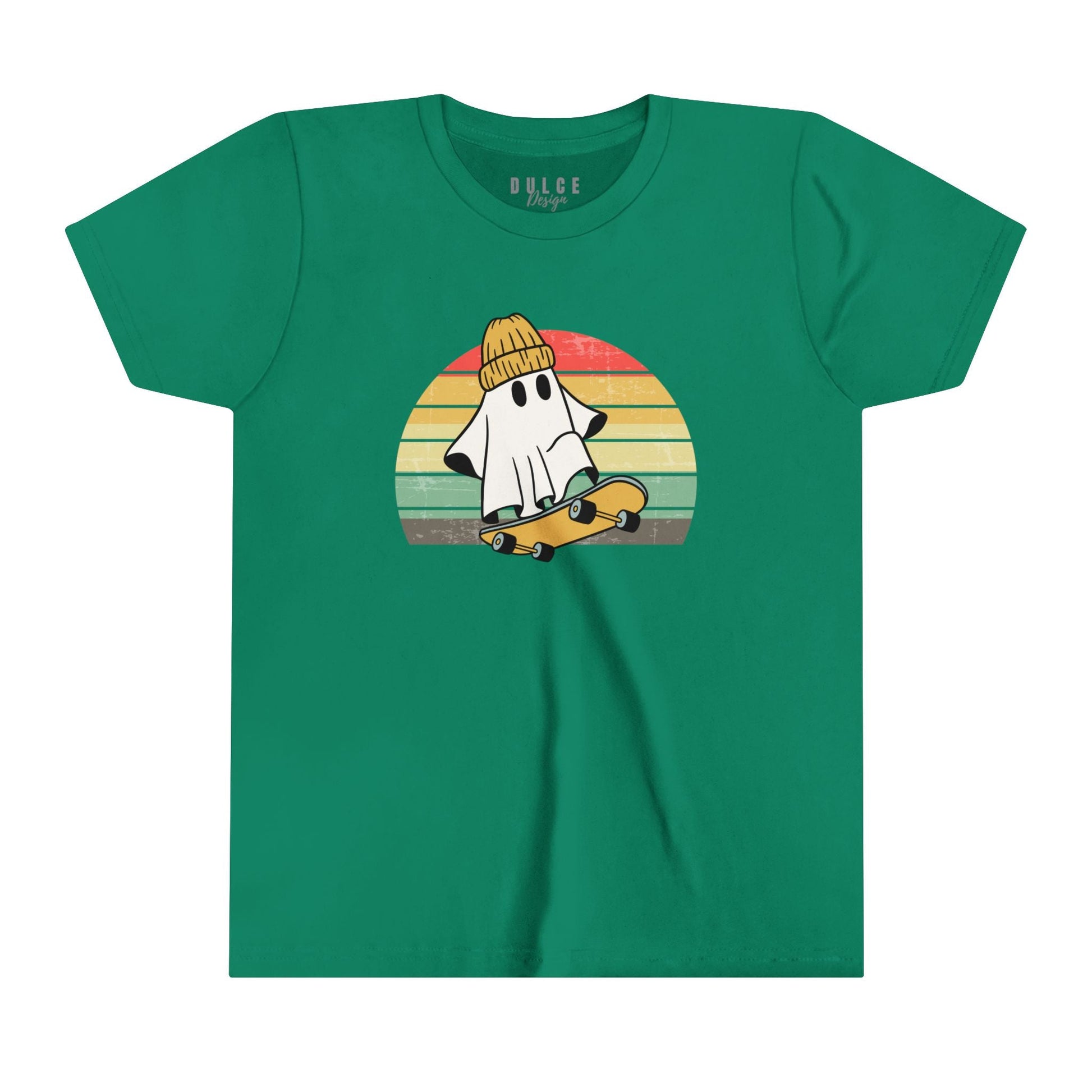 SKATEBOARDING GHOST HALLOWEEN UNISEX YOUTH TEE - COOL & SPOOKY T-SHIRT FOR KIDS-  Kelly / XL- Dulce Design Studio