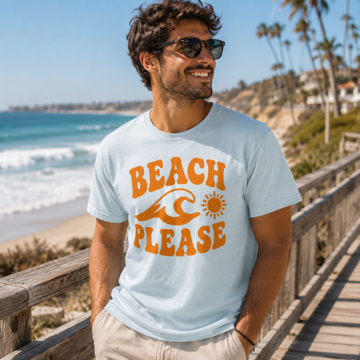 Man wearing a 'Beach Please' t-shirt by the ocean with palm trees in the background