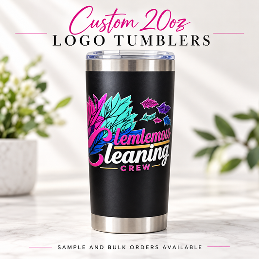 A 20oz custom logo tumbler shown on a light marble surface with blurred greenery in the background. The tumbler is black with stainless steel rim and base, featuring a colorful graphic of neon-style leaves and the text 'Hemlemot Cleaning Crew' in pink, teal, purple, and white.