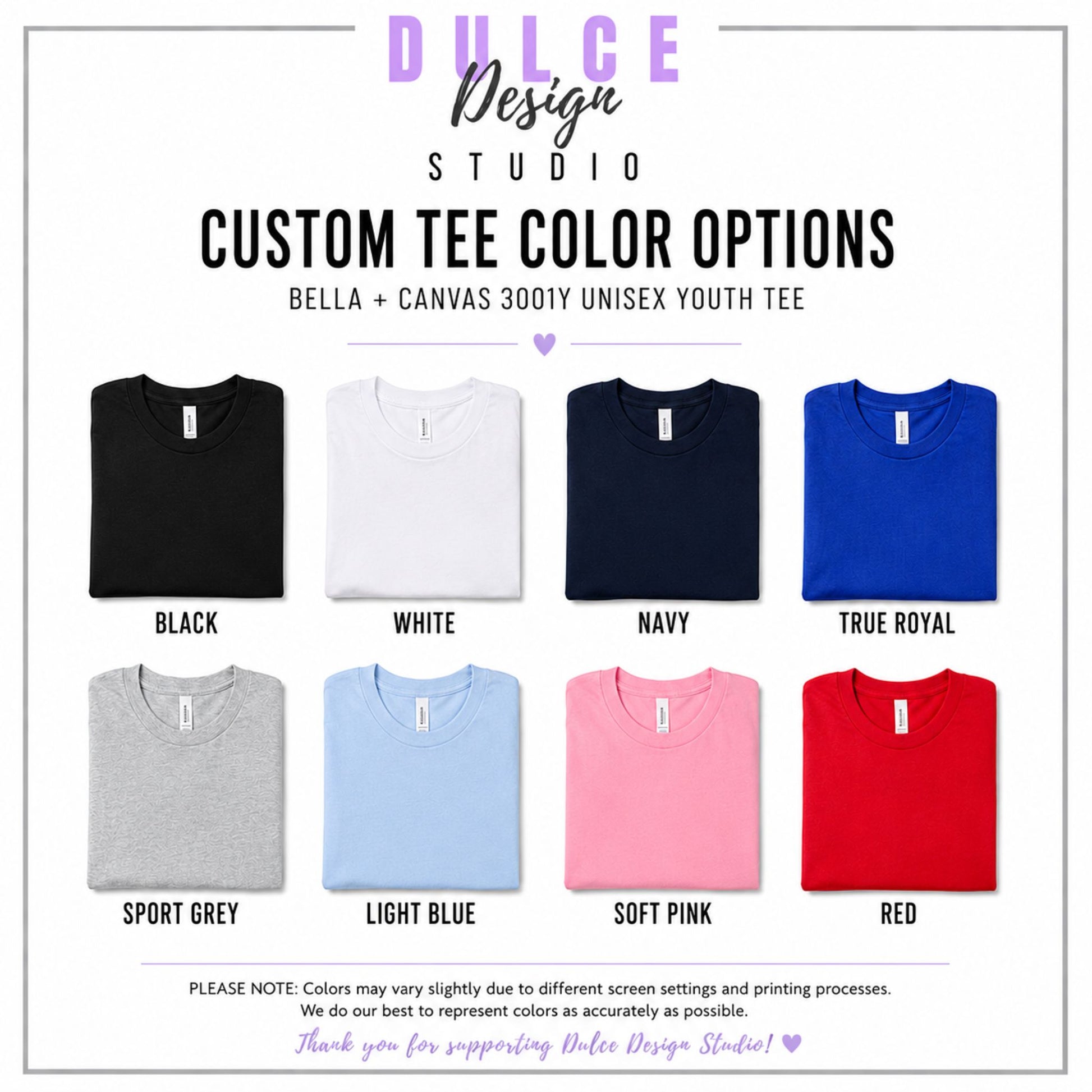 Color options for Bella + Canvas 3001 youth tees by Dulce Design Studio.