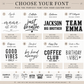 Font selection tool with various font styles and examples of text usage on a beige background.