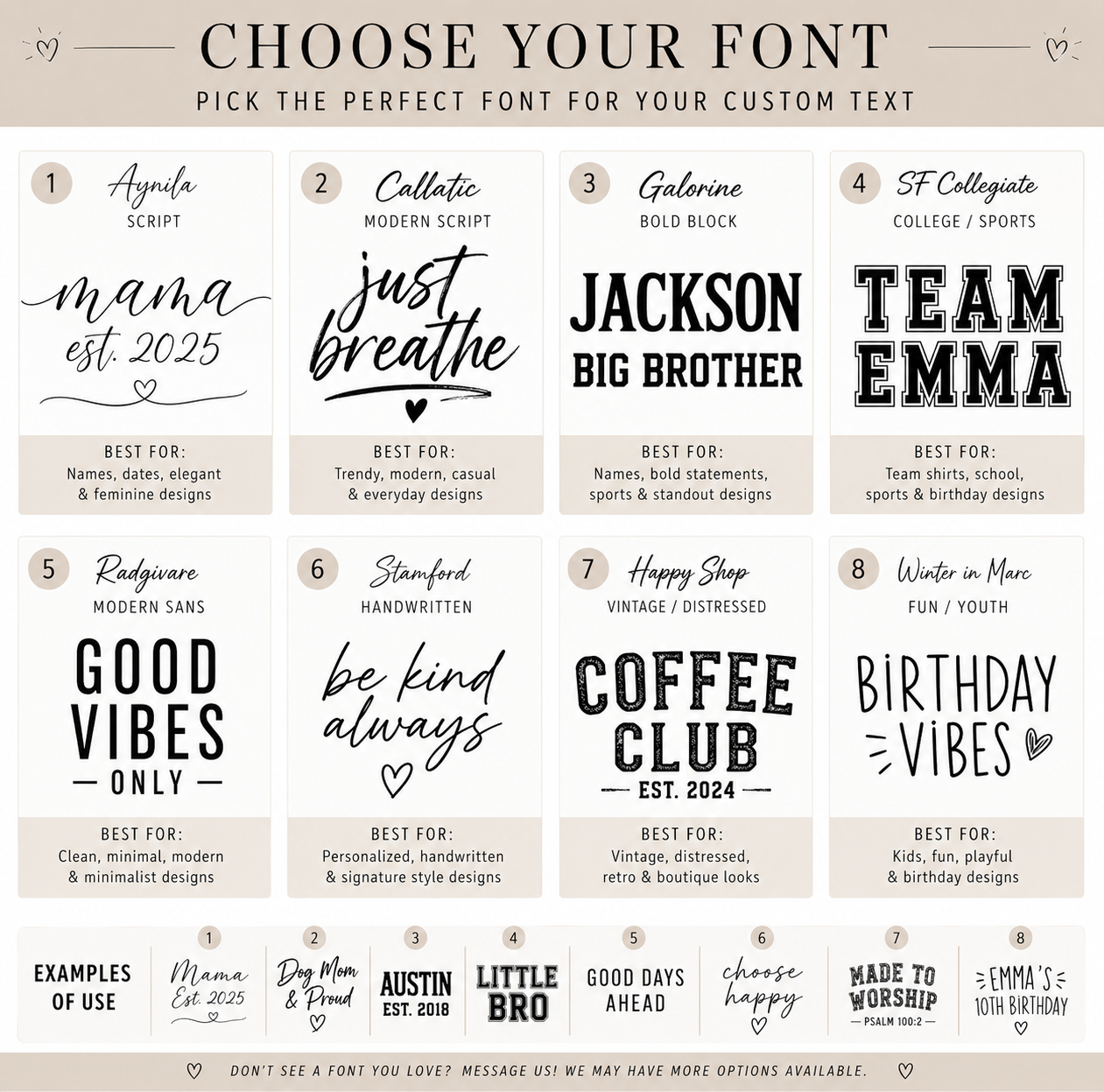 Font selection tool with various font styles and examples of text usage on a beige background.
