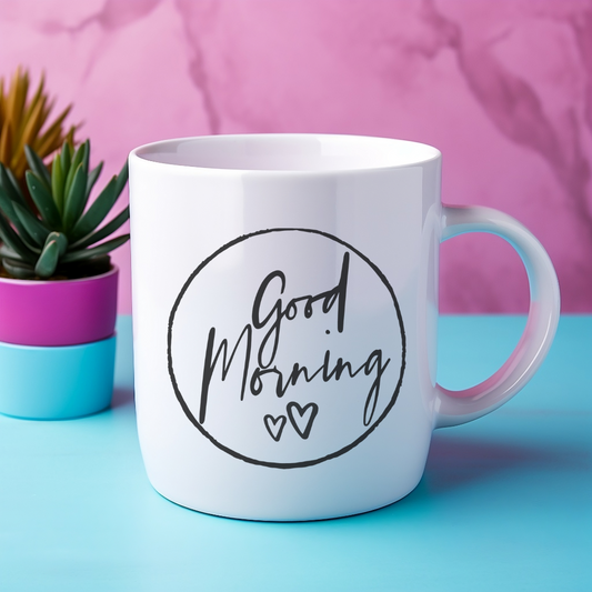 Minimalist 11oz coffee mug with positive morning message design