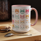 White ceramic kawaii cat mug with colorful cartoon kitty faces and pink handle