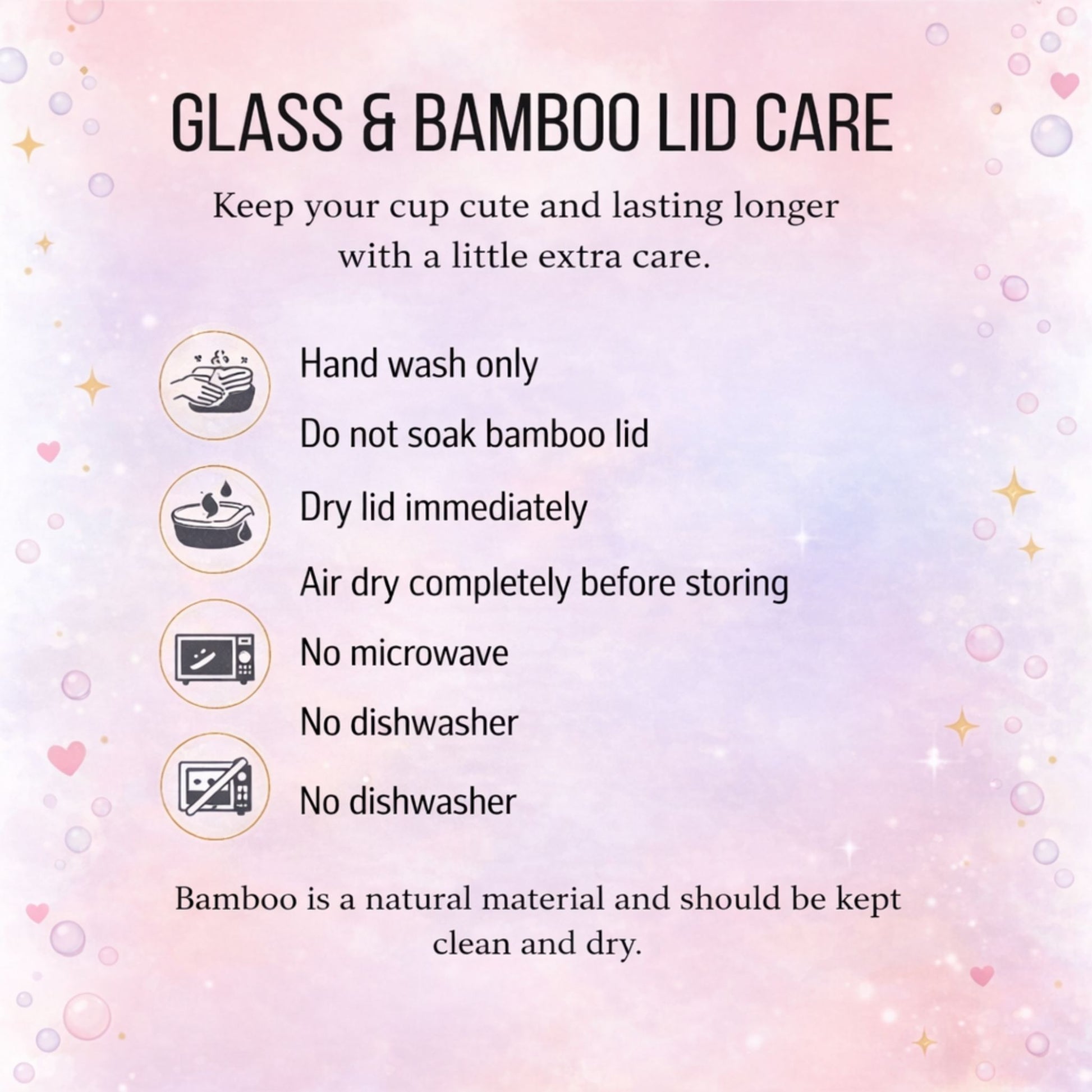 Glass and bamboo lid care instructions on a pink background with icons.
