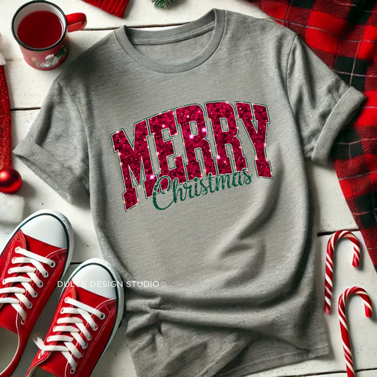 FESTIVE FAUX SEQUIN MERRY CHRISTMAS RELAXED UNISEX T-SHIRT