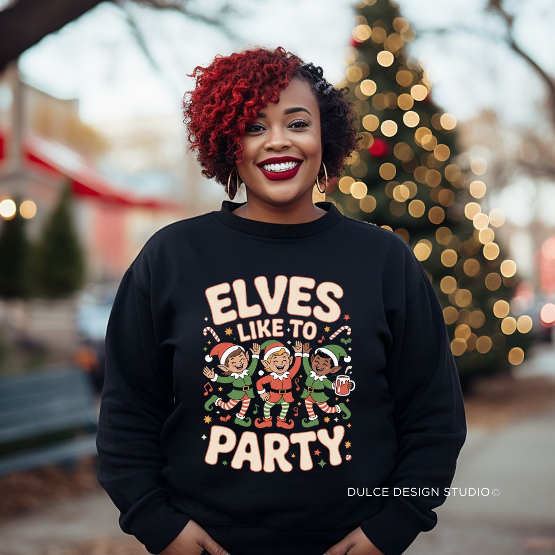 Elves Like To Party Christmas Crewneck Sweatshirt