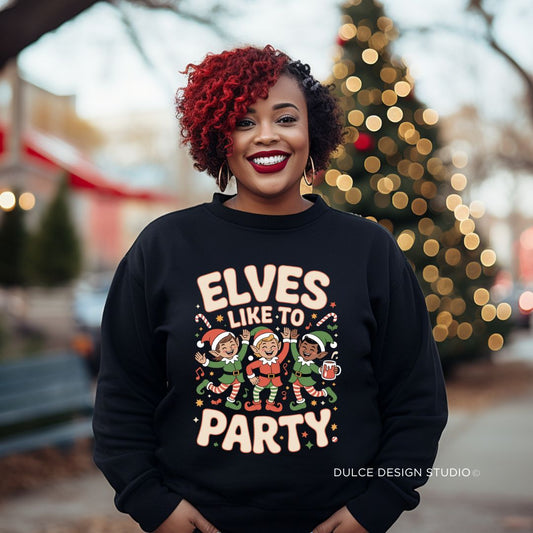Elves Like To Party Christmas Crewneck Sweatshirt