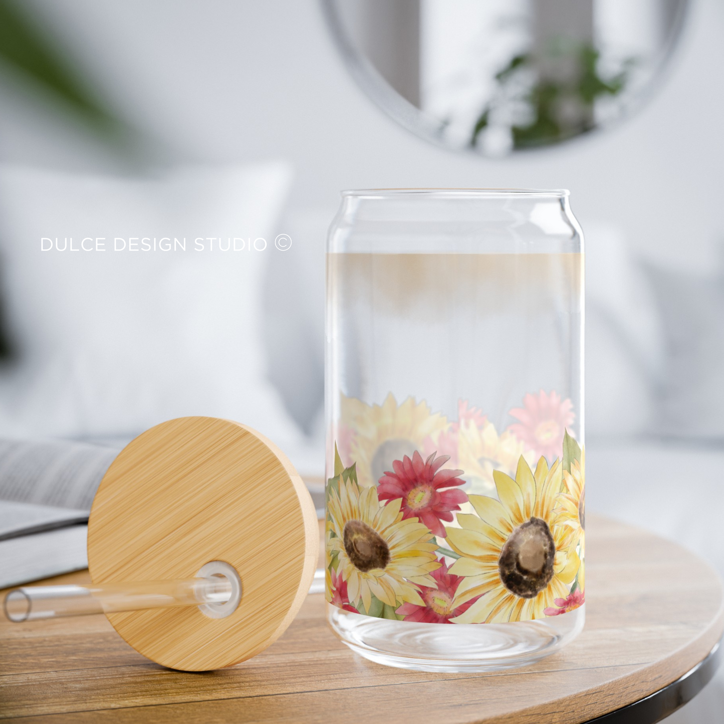 Sunflower fields glass tumbler with bamboo lid and straw