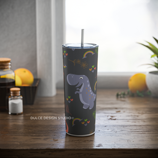 Purple dinosaur tumbler with rainbows, hearts, and lid with straw