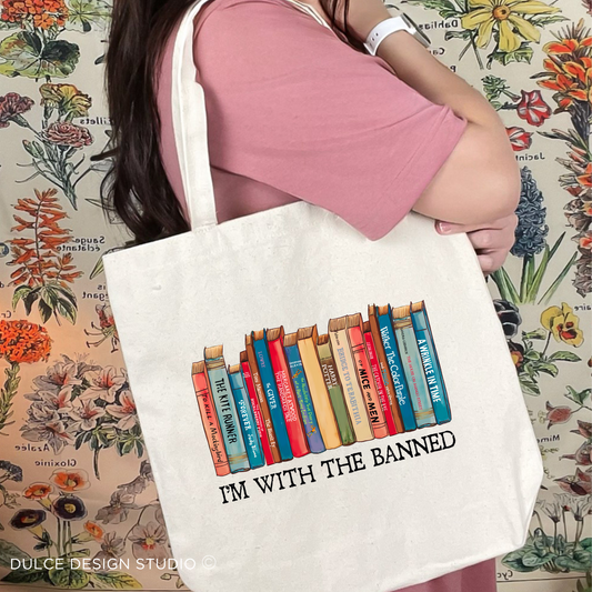 Canvas tote bag with banned books and “I’m With the Banned” quote