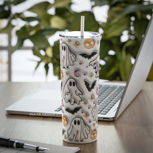 A tumbler with a 3D Halloween ghost design, featuring ghosts, bats, skulls, and moons.