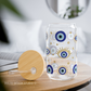 Libbey tumbler with bamboo lid and evil eye design