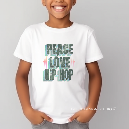 Smiling child wearing a Peace, Love, and Hip Hop Unisex Youth T-Shirt with a bold and stylish design, perfect for young music enthusiasts.