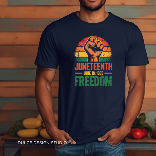 man wearing navy t-shirt with Juneteenth 1865 design, raised fist graphic, and distressed red, yellow, and green stripes with the word Freedom