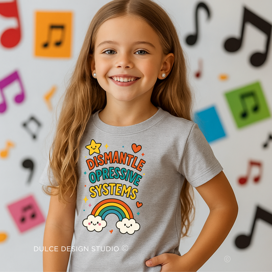 young girl wearing athletic heather  youth t-shirt with rainbow and smiling clouds featuring the text ‘Dismantle Oppressive Systems’ in colorful retro font