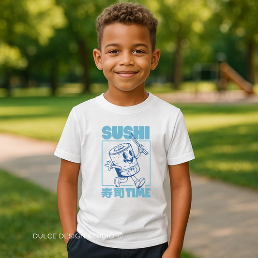 young boy wearing white t-shirt with Retro blue sushi roll character graphic with Japanese text on a kids tee