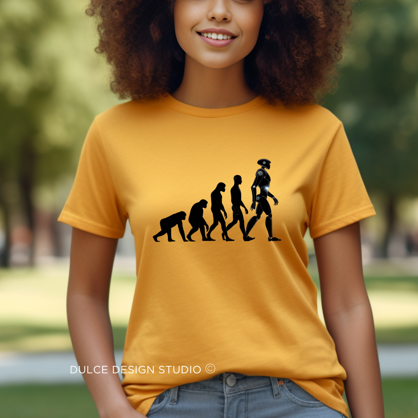 woman wearing Unisex shirt in a red color with a unique evolution design