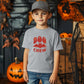 Young boy with gray cap  wearing a Boo Crew Unisex Youth Halloween Tee with a playful bat and "Boo Crew" text, ideal for a fun and festive Halloween look.