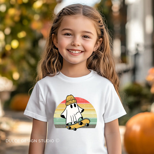 Young girl wearing a Skateboarding Ghost Halloween Unisex Youth Tee with a ghost on a skateboard, perfect for cool and spooky Halloween vibes.