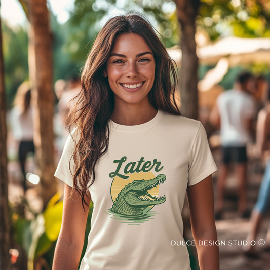 Woman wearing “Later” gator t-shirt with vintage illustration