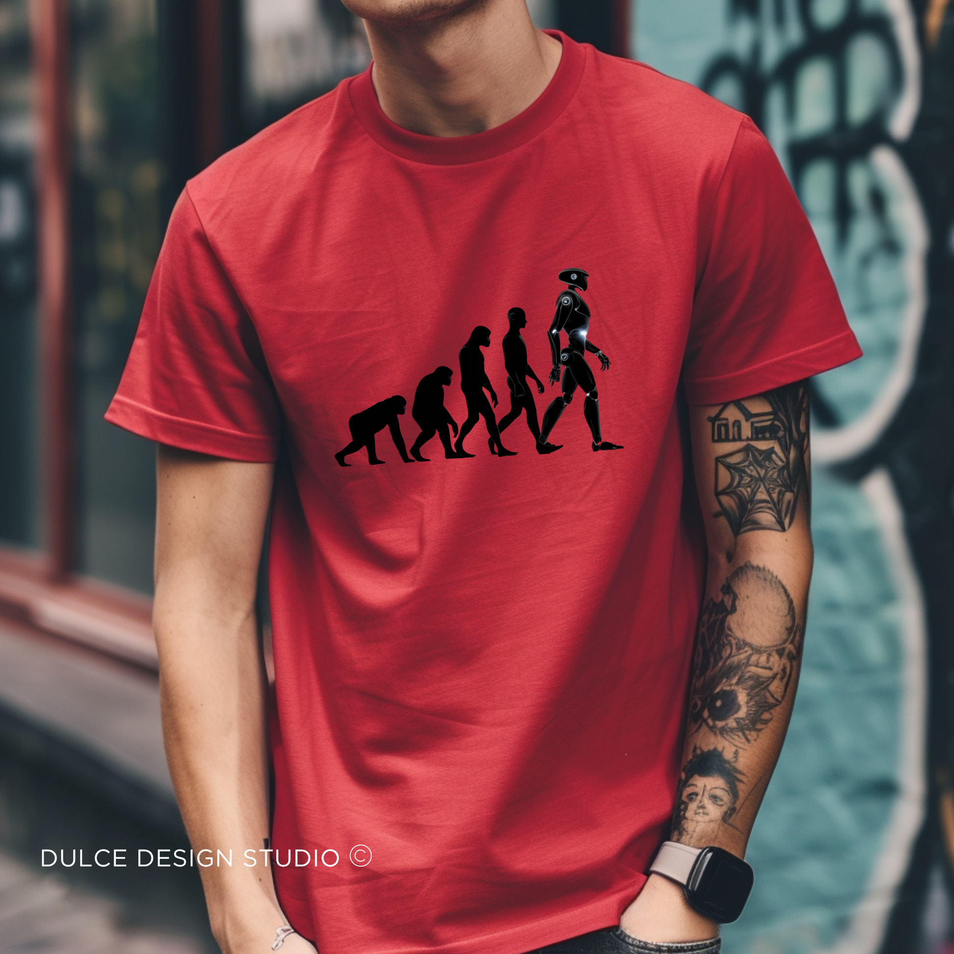 Man wearing Unisex shirt in a red color with a unique evolution design