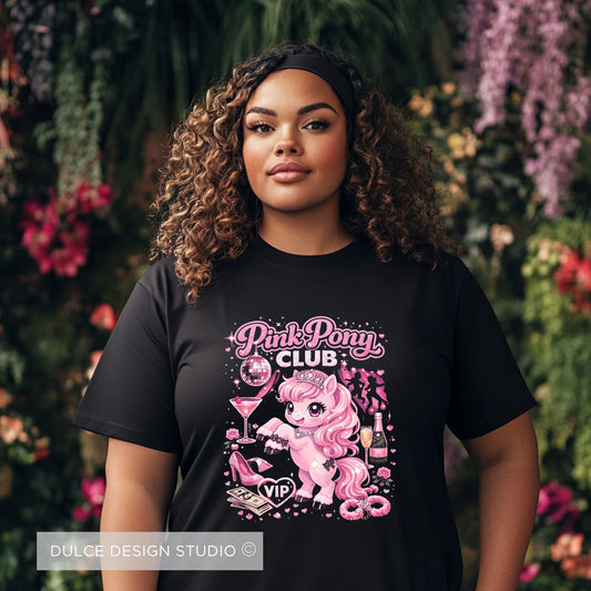 Woman wearing a black t-shirt with a pink pony graphic and 'Pink Pony Club' text against a floral background.