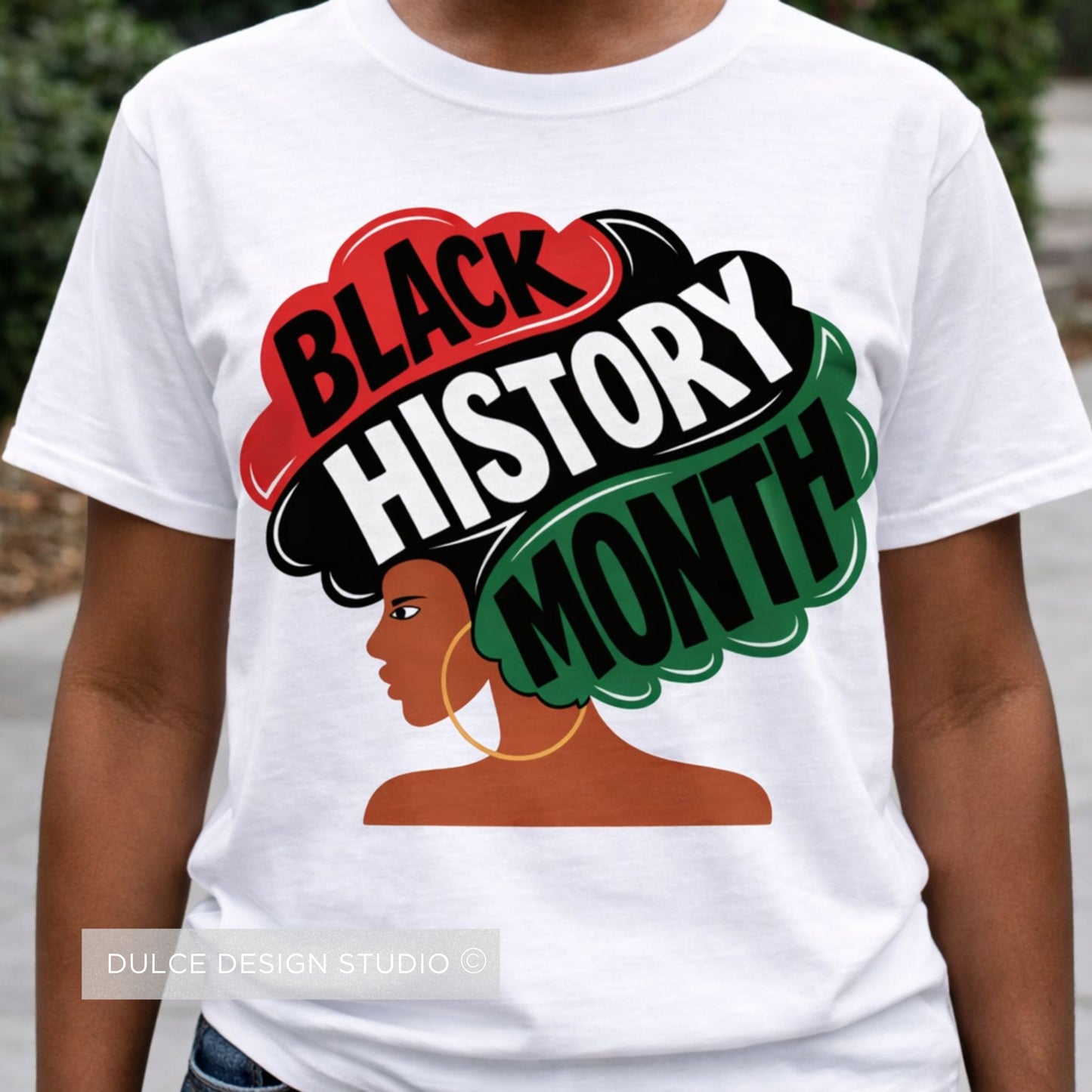 White t-shirt with 'Black History Month' design featuring a woman's silhouette.