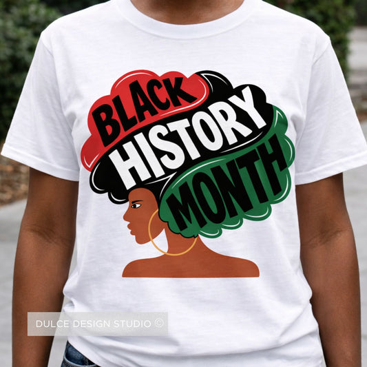 White t-shirt with 'Black History Month' design featuring a woman's silhouette.