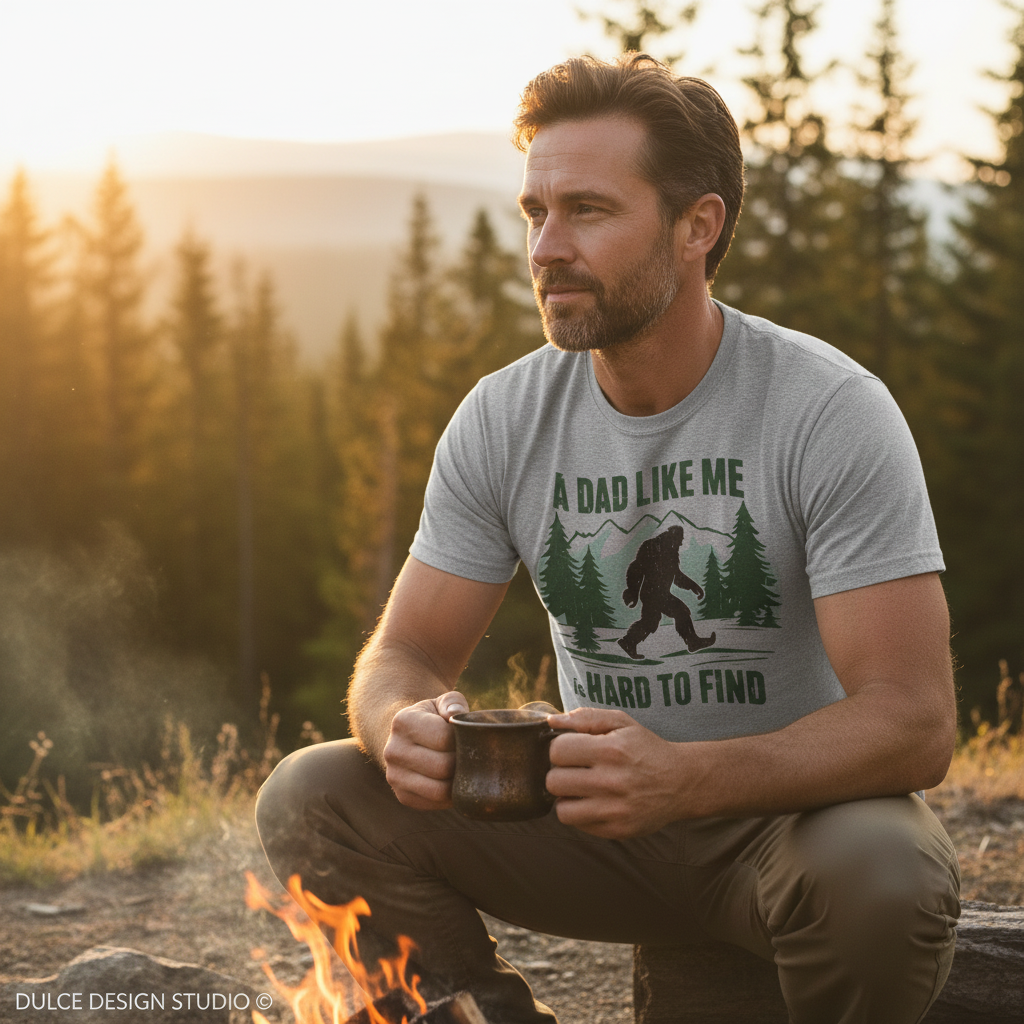 Man in a forest setting holding a mug with a graphic t-shirt.