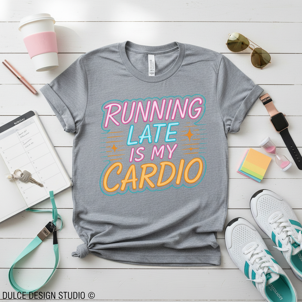 Gray t-shirt with colorful text 'RUNNING LATE IS MY CARDIO' on a white wooden surface with accessories.