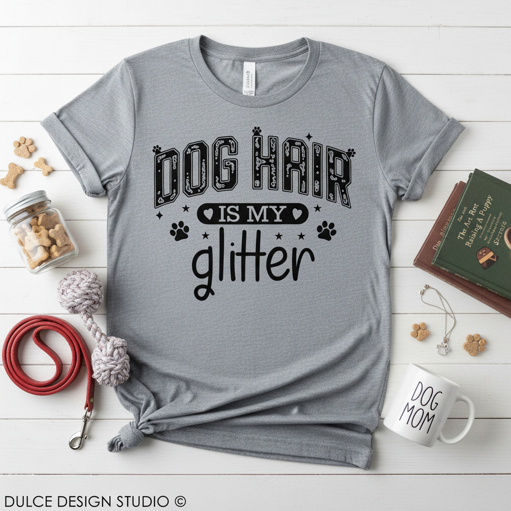 Gray t-shirt with 'Dog Hair is My Glitter' text on a wooden surface with pet accessories.
