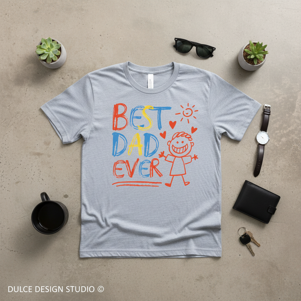 Gray t-shirt with 'Best Dad Ever' text and graphics on a beige surface with accessories.