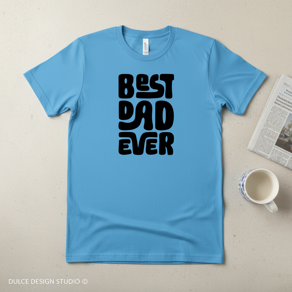Blue t-shirt with 'Best Dad Ever' text on a beige surface with a newspaper and mug.