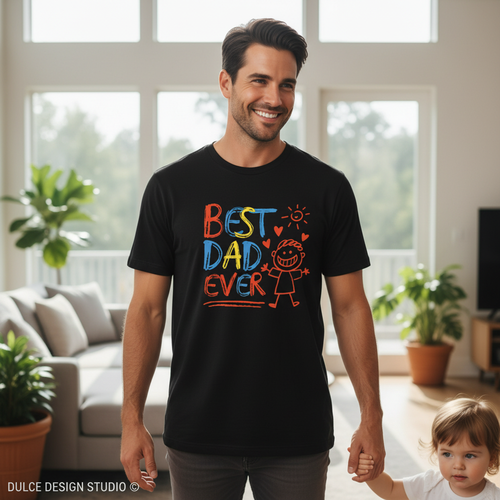 Man wearing a black t-shirt with 'Best Dad Ever' text in a living room.