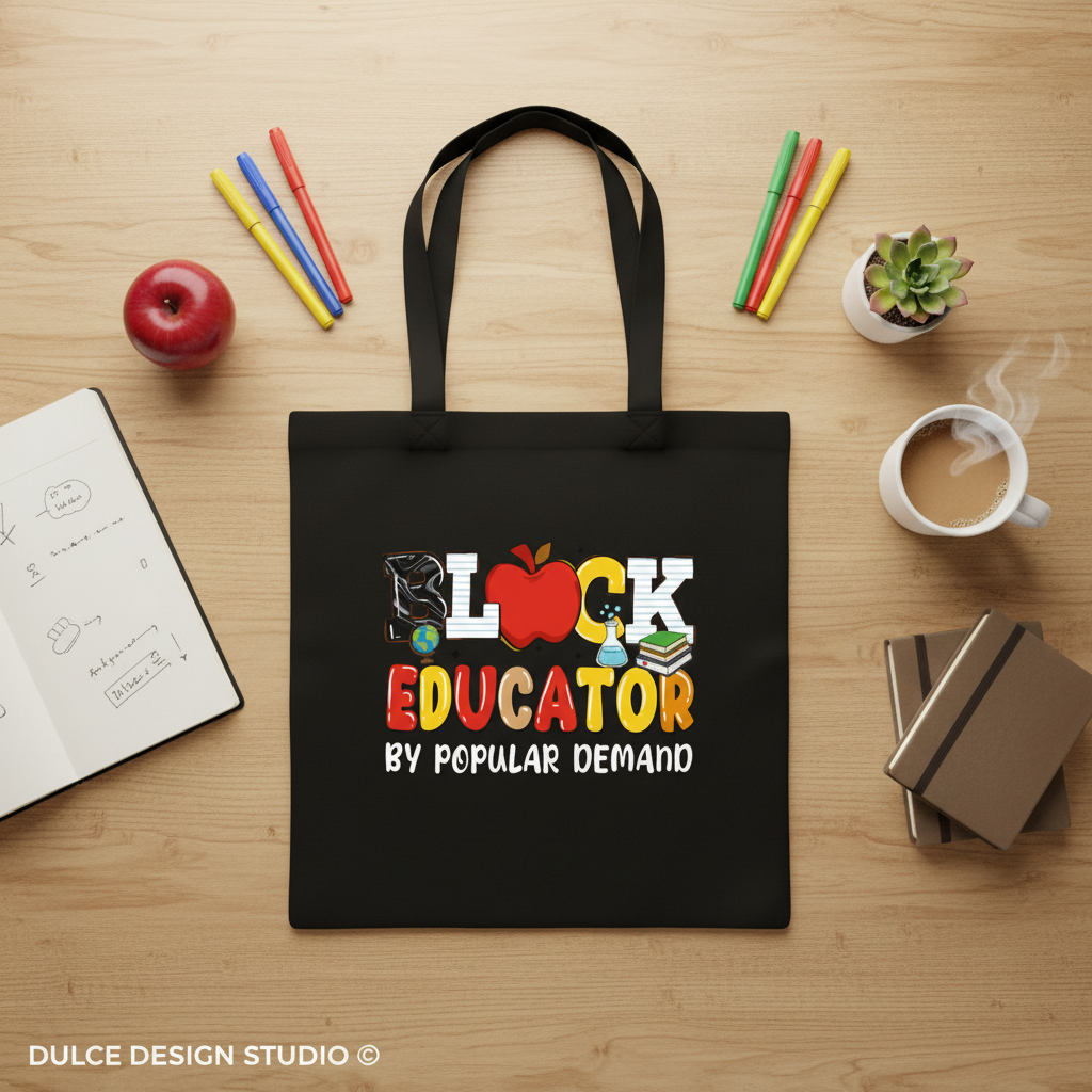 Black tote bag with colorful text on a wooden table with stationery items.