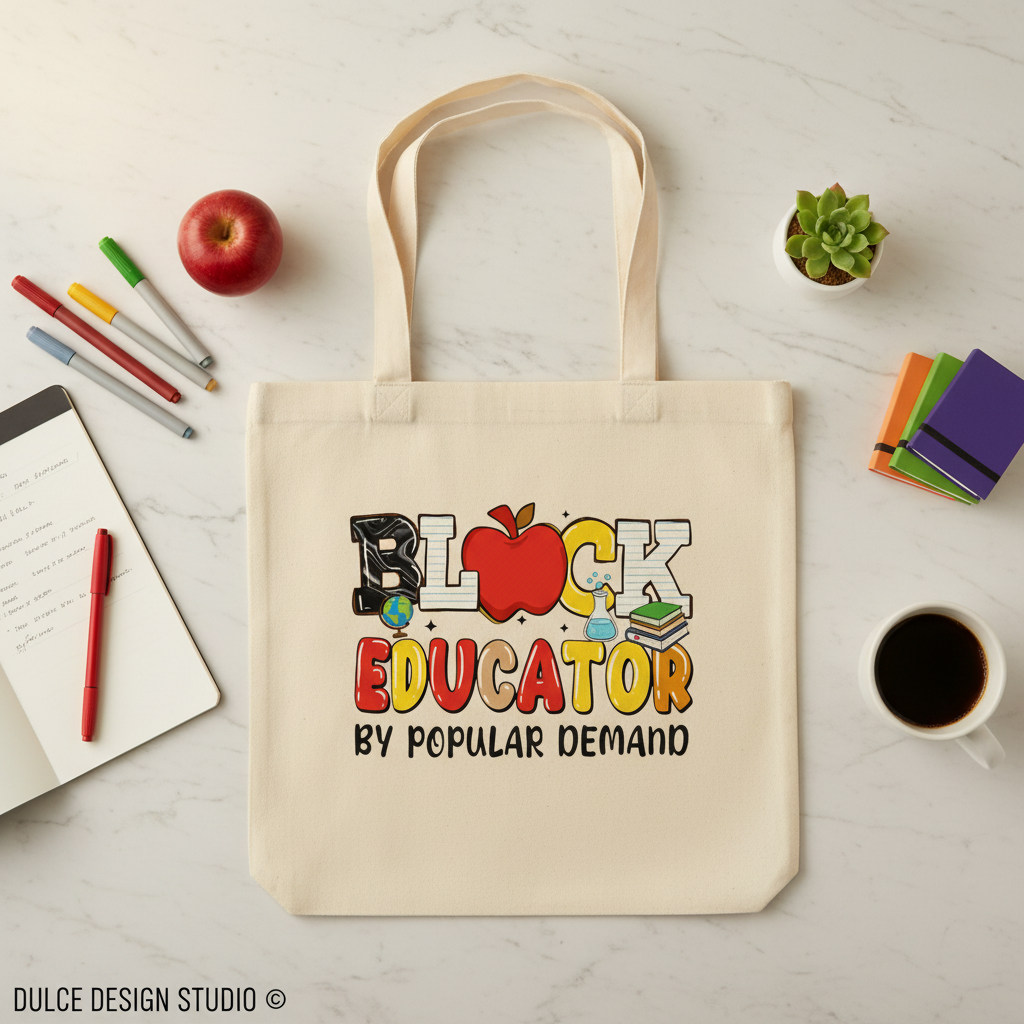 Tote bag with 'Block Educator by Popular Demand' design on a light surface with stationery items.